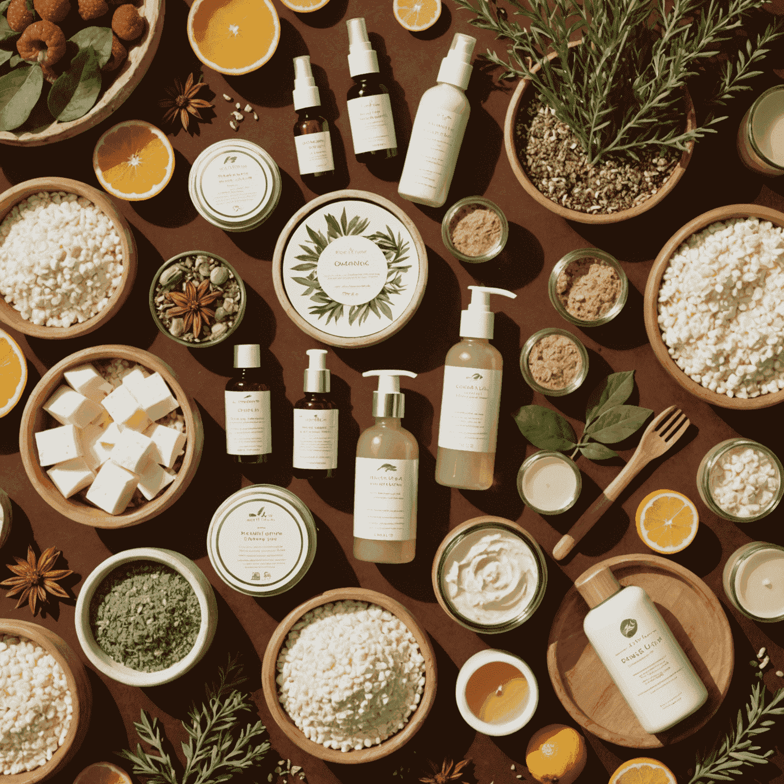 Imagen de productos naturales dispuestos en un entorno soleado y acogedor, que muestra una variedad de artículos de cuidado de la piel orgánicos y artículos para el hogar hechos a mano