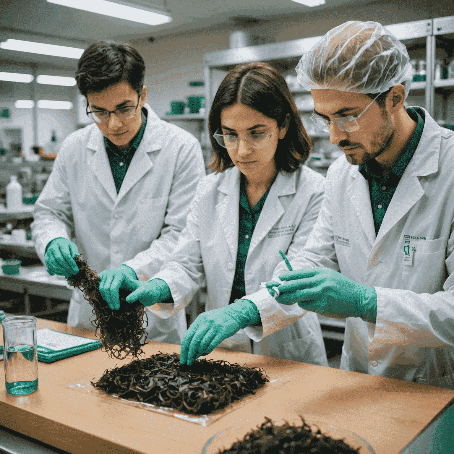Científicos en un laboratorio examinando un nuevo material de embalaje hecho de algas marinas. El material es transparente y flexible, similar al plástico pero completamente biodegradable.