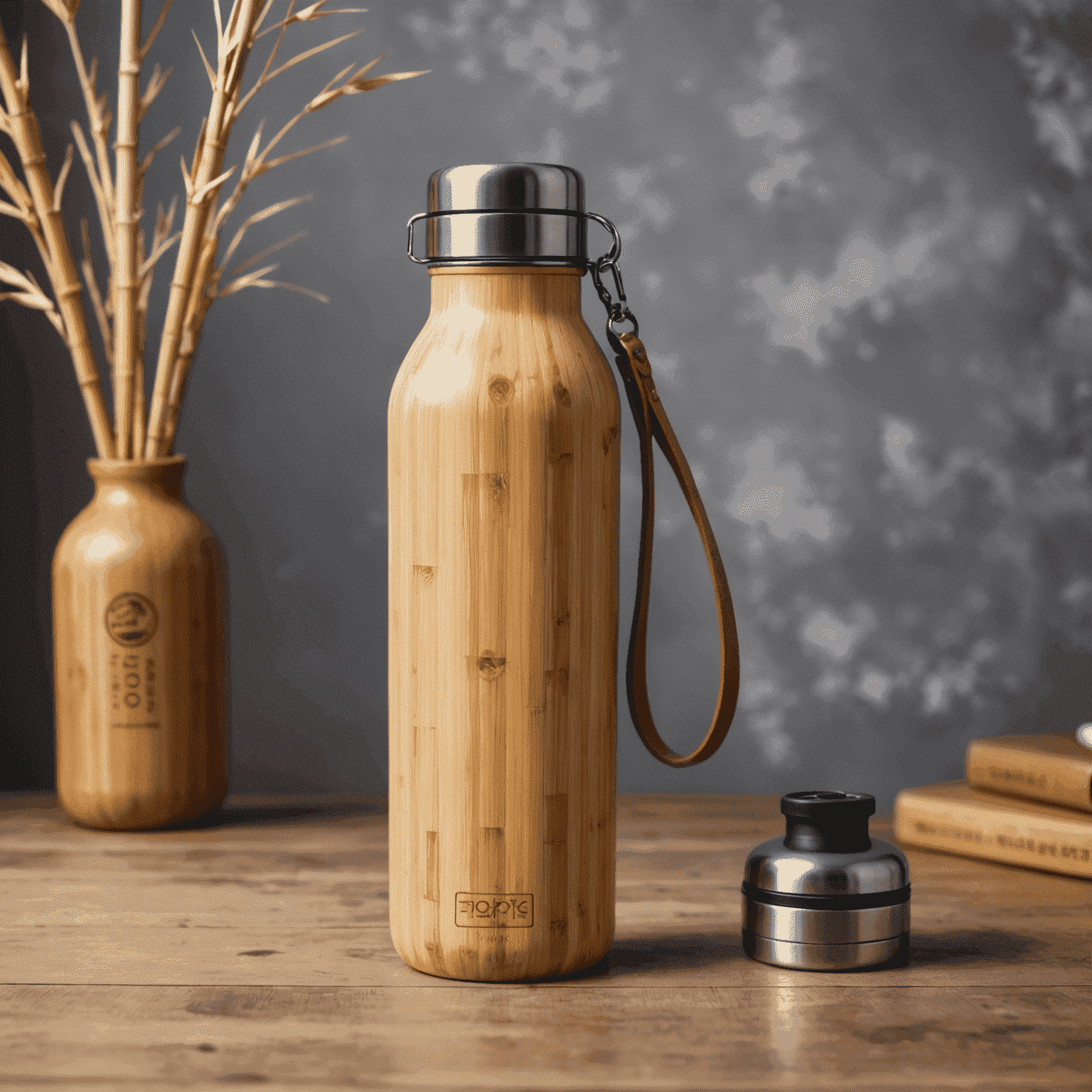 Botella de agua reutilizable hecha de bambú con tapa de acero inoxidable y correa de transporte de cuero vegano