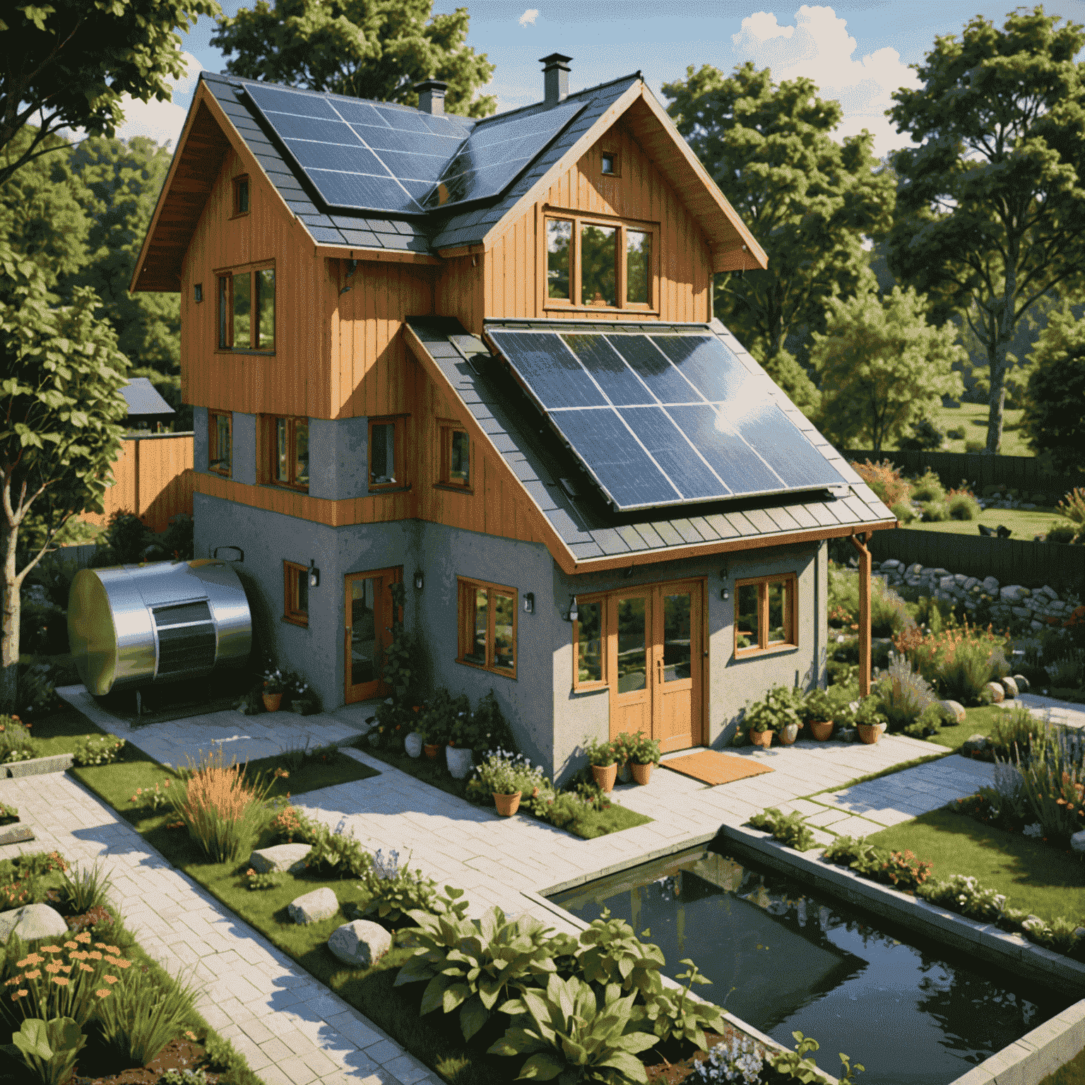 Imagen de una casa ecológica con paneles solares, un jardín de permacultura y un sistema de recolección de agua de lluvia