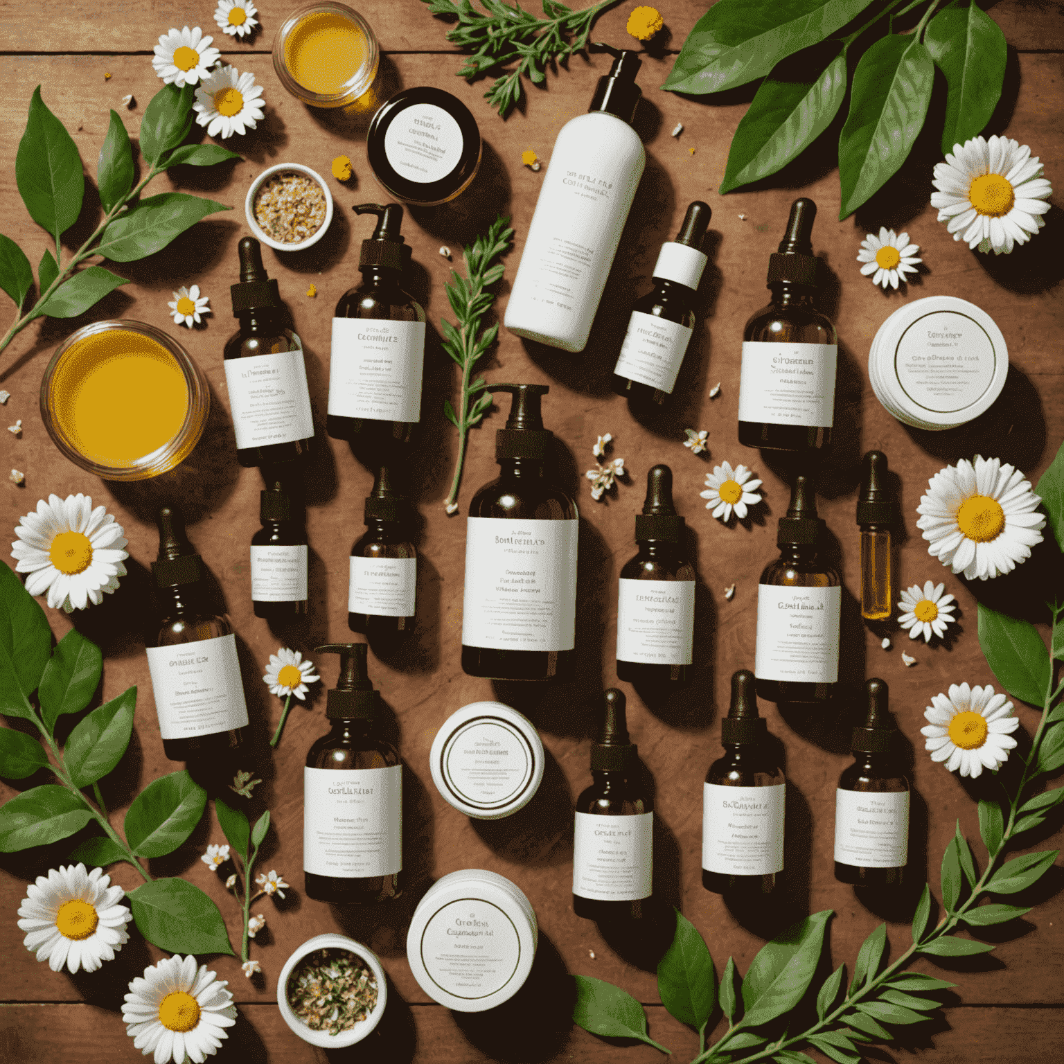 Colección de productos naturales para el cuidado de la piel, incluyendo aceites faciales, limpiadores y cremas hidratantes, dispuestos sobre una mesa de madera con plantas y flores frescas