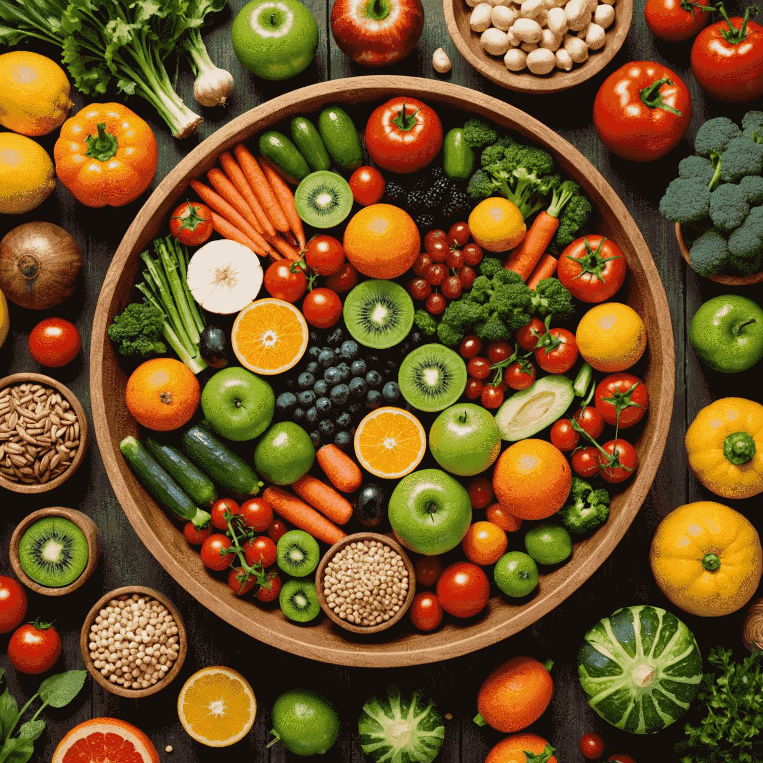 Vitaminas orgánicas multicolores en un tazón de madera rodeado de frutas y verduras frescas