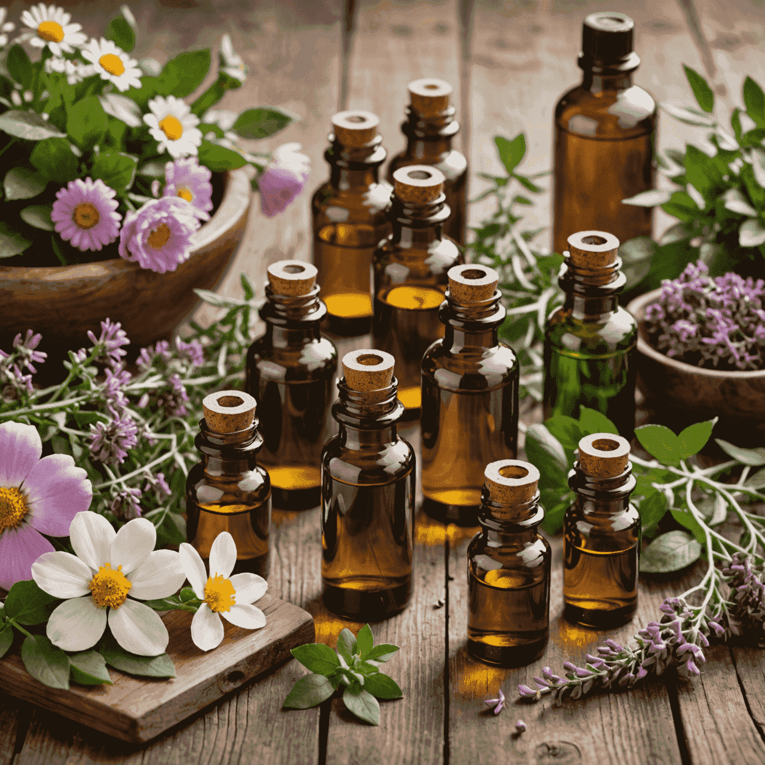 Una variedad de botellas de aceites esenciales dispuestas en una mesa de madera rústica, rodeadas de flores frescas y hierbas aromáticas. La luz natural ilumina la escena, creando un ambiente cálido y acogedor.