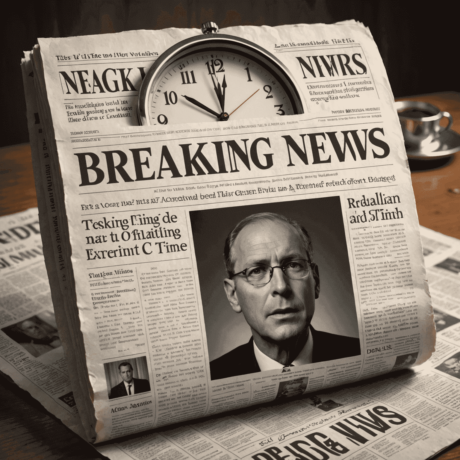 Imagen de noticias de última hora mostrando un periódico digital con titulares cambiantes y un reloj que marca la hora actual