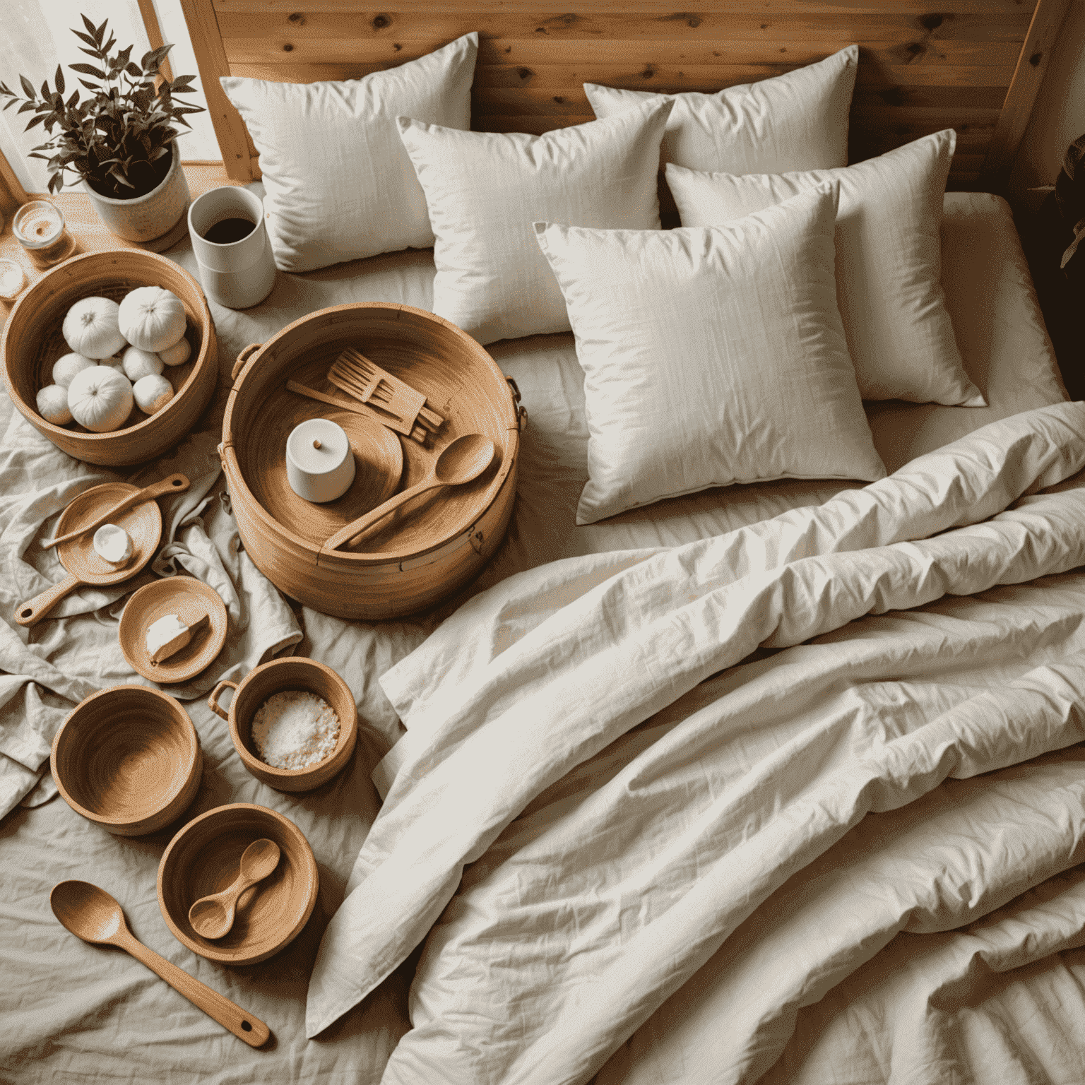 Imagen de productos para el hogar ecológicos, incluyendo utensilios de cocina de bambú, ropa de cama de algodón orgánico y cerámica hecha a mano