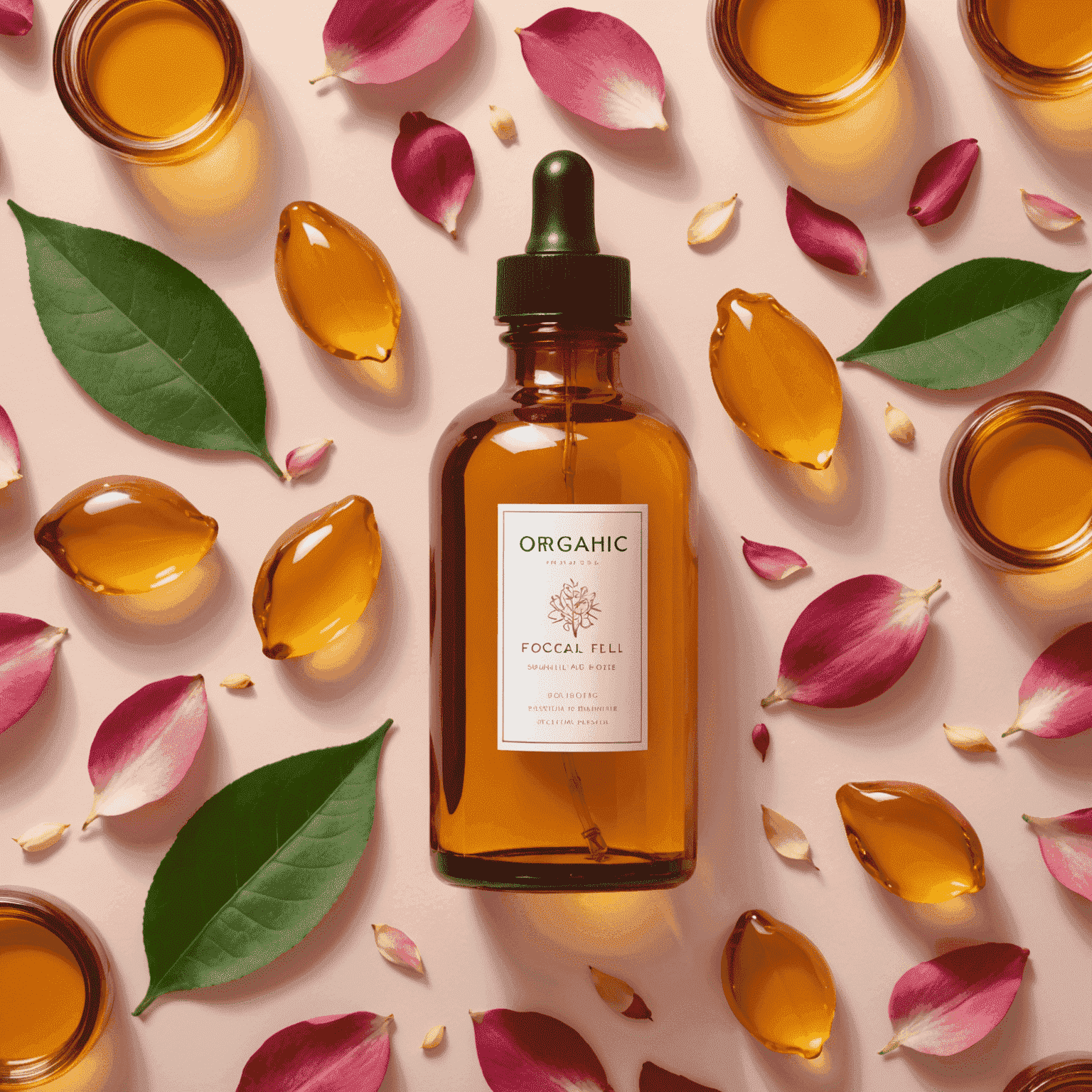 Botella de vidrio ámbar con aceite facial orgánico, rodeada de pétalos de rosa y hojas frescas