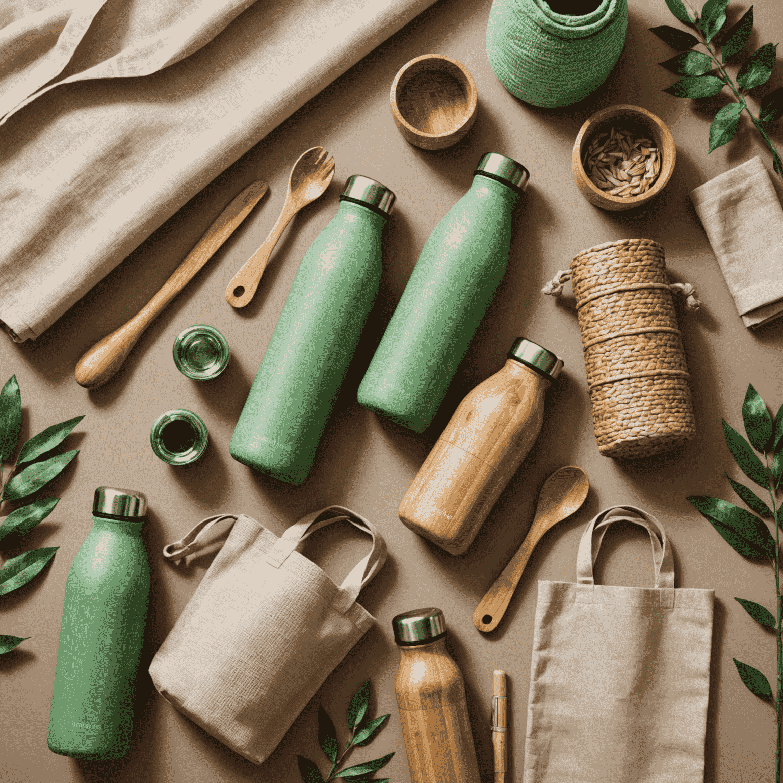 Imagen de productos ecológicos innovadores, incluyendo botellas de agua reutilizables, bolsas de compras de tela y utensilios de bambú
