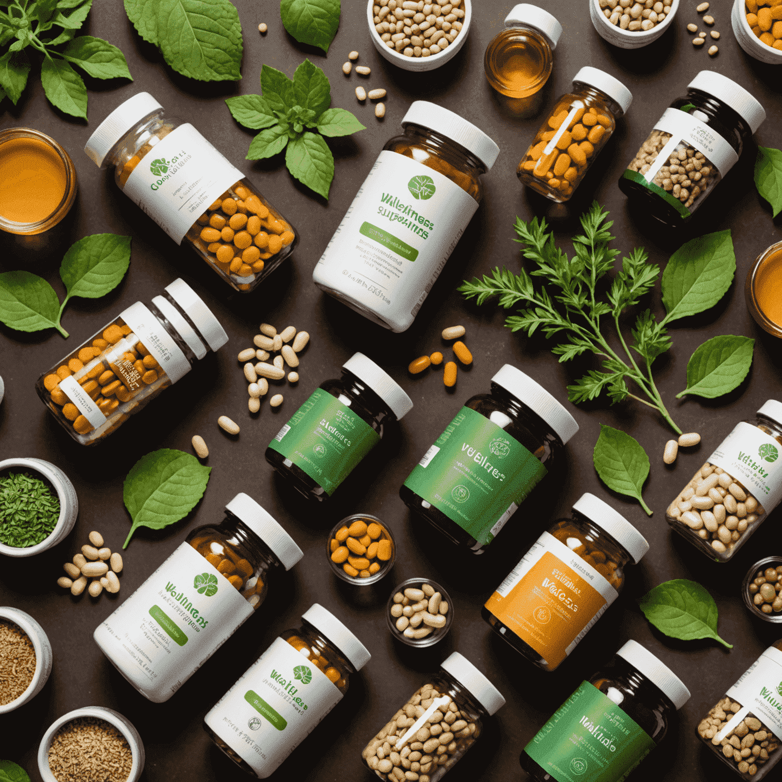 Imagen de suplementos de bienestar, incluyendo vitaminas, hierbas y suplementos en envases naturales y sostenibles