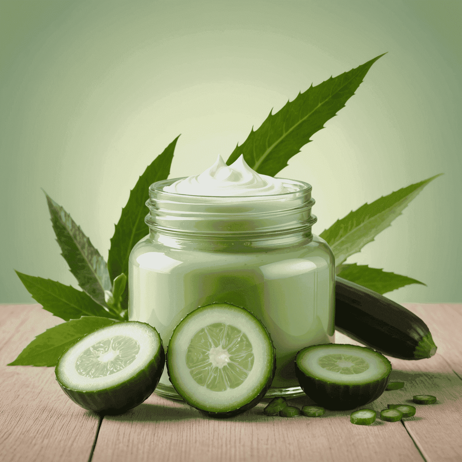 Tarro de cristal con crema hidratante natural, junto a rodajas de pepino y aloe vera fresco