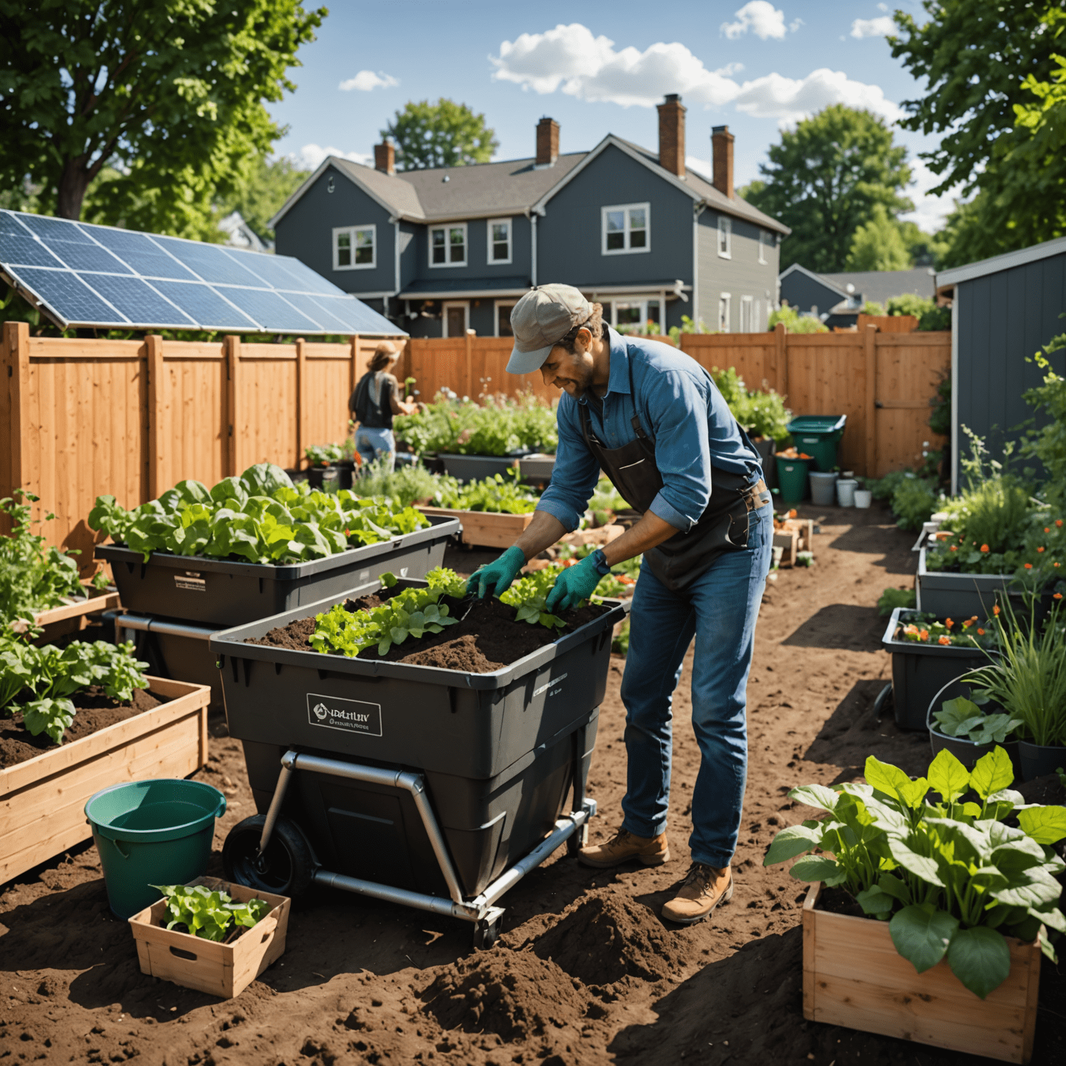 Imagen de una persona realizando actividades sostenibles como compostar, usar paneles solares y cultivar un huerto urbano