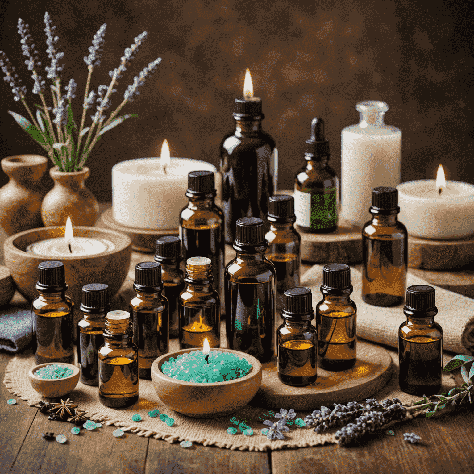 Imagen de productos de aromaterapia y aceites esenciales, incluyendo difusores, velas y botellas de aceites puros