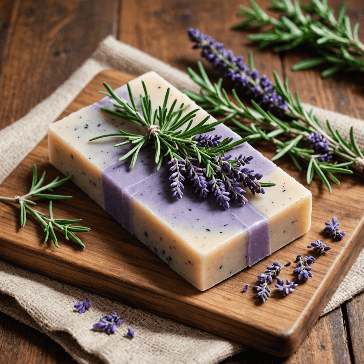 Barra de jabón artesanal hecho con ingredientes naturales, sobre una bandeja de madera con lavanda y romero