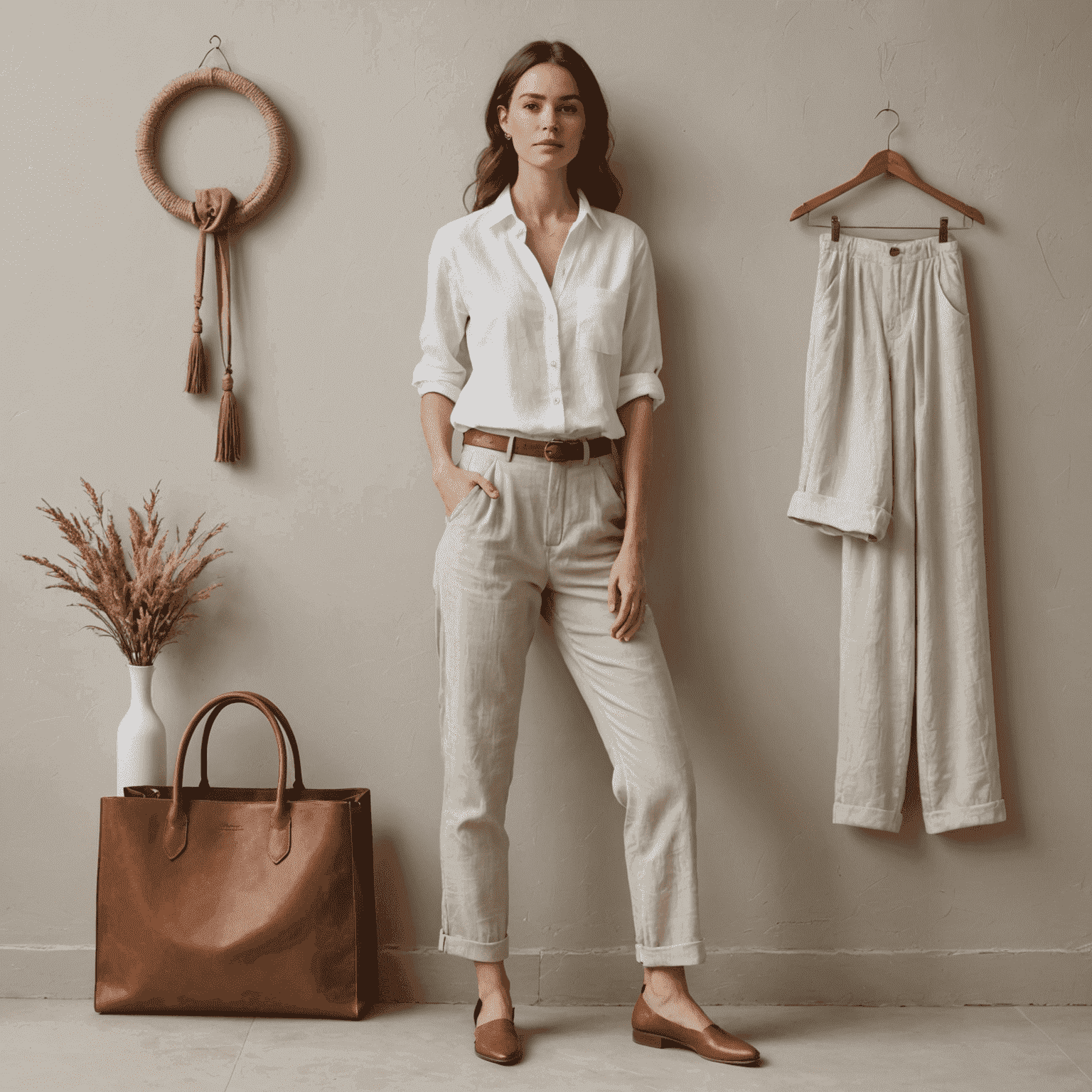 Conjunto de ropa atemporal que incluye una blusa blanca, pantalones de lino y accesorios minimalistas
