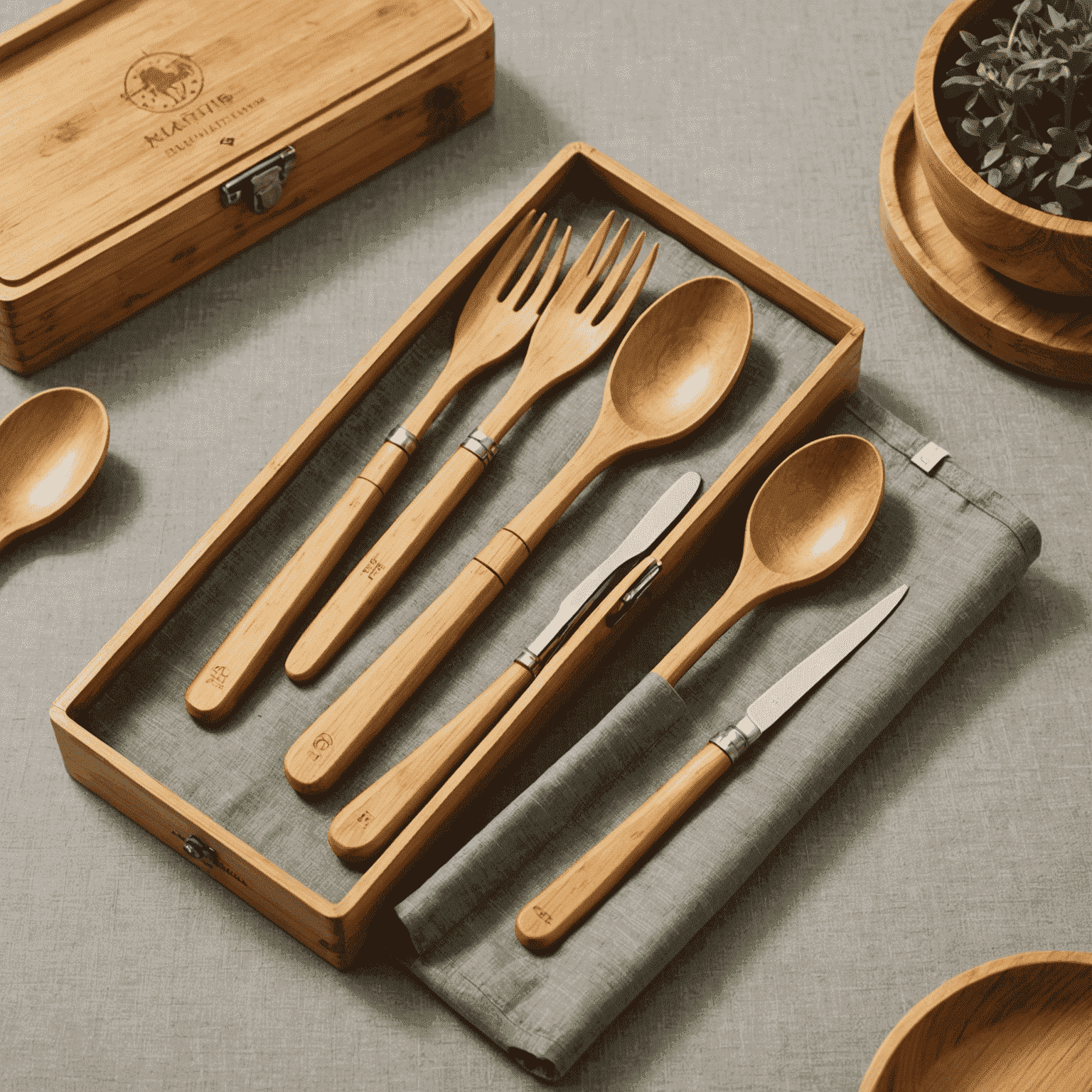 Set de cubiertos de bambú con estuche de tela, incluye tenedor, cuchara, cuchillo y pajita